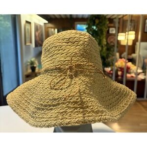 Talbots Woven Straw Sun Hat‎ Wide Brim Paper Cotton Blend With Bow Natural Tan